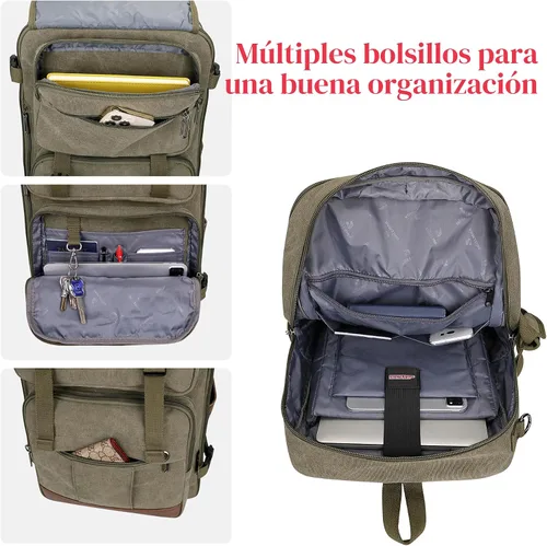 Miniatura 4 de Mochila de lona WITZMAN con puerto de carga USB, mochila grande de viaje, equipaje de mano, apta para laptop de 17 pulgadas para hombres, Verde