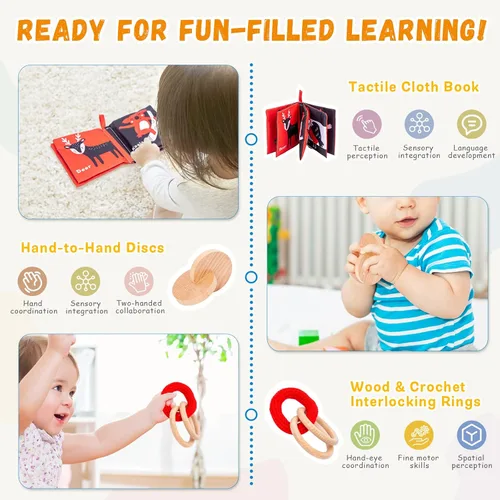 Miniatura 3 de Adena Montessori Kit de juego para bebés de 3 a 4 meses, juguetes educativos de aprendizaje de madera 8 en 1 para niños pequeños, incluye libro