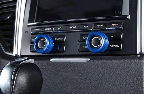 Miniatura 4 de iJDMTOY 2 cubiertas de anillo de aluminio deportivo azul con control de clima y radio para girador de volumen de radio compatibles con Porsche 2014