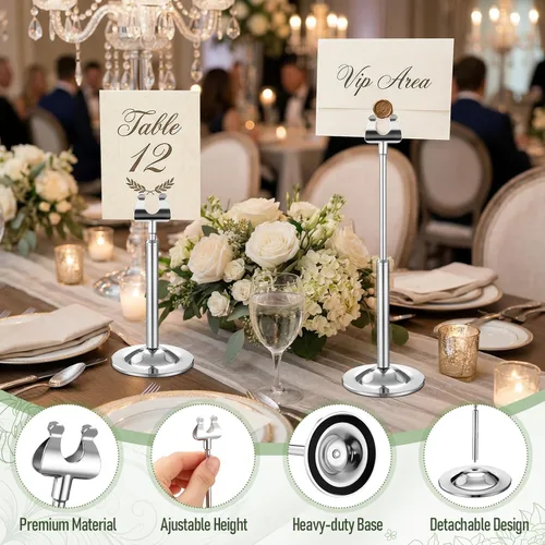Miniatura 4 de Kathfly Juego de 12 soportes para números de mesa, ajustables, de metal, con clip de arpa, soporte de tarjeta desmontable para bodas, cumpleaños