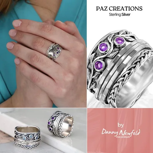 Miniatura 4 de Paz Creations - Anillos giratorios de plata de ley 925 para mujer con piedras preciosas naturales, banda gruesa con patrón martillado, joyería