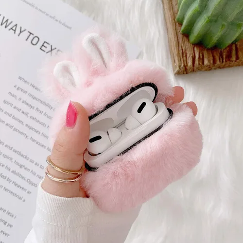 Miniatura 8 de Guppy Compatible con AirPods Pro 2 - Funda de conejo peludo para niñas, caricaturas 3D, lindas orejas de conejo, funda de transporte mullida y Gris