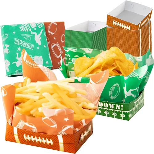 Paquete de 50 bandejas de papel para fiestas de fútbol, decoraciones de fiesta de superbowl, papel desechable para servir alimentos, barcos de