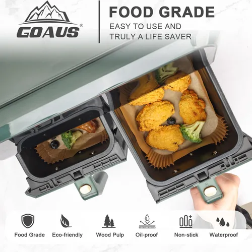 Miniatura 2 de GOAUS Freidora de aire, 150 piezas forros de papel rectangulares desechables para freidora de aire doble, 2 cestas de 8 a 10 Qt, papel pergamino