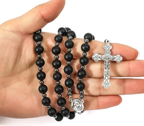 Miniatura 3 de Nazareth Store Rosario de cuentas de ágata negra, rosario de hombres católicos con cuentas naturales mate con piedras de hematita, medalla de suelo