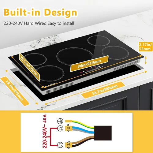 Miniatura 2 de Placa de inducción de 36 pulgadas, estufa eléctrica integrada de 5 quemadores, 10800 W de alto rendimiento 240 V cableado, control táctil