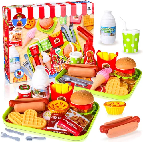 Zomiboo Juego de juguetes de cocina para niños, comida falsa, hamburguesas de plástico, sándwich, juguetes de simulación preescolar, juego de rol,