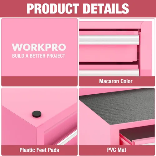 Miniatura 3 de WORKPRO Mini caja de herramientas de 12.5 pulgadas con 2 cajones y 1 almacenamiento superior abierto, pequeño baúl de herramientas de metal con Rosa