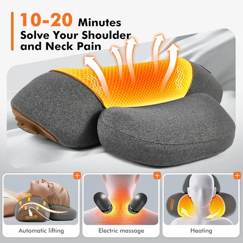 Miniatura 4 de Almohada masajeadora de cuello con calefacción inalámbrica para aliviar el dolor de tejido profundo, dispositivo de tracción cervical recargable 3