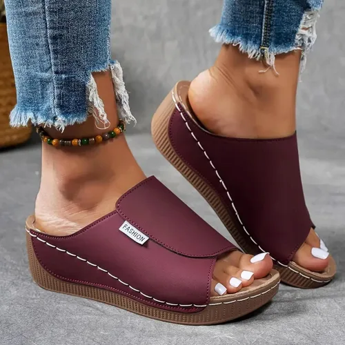Miniatura 2 de Sandalias de cuña para mujer, puntera abierta, soporte de arco, calzado ortopédico para caminar, zapatos elegantes de suela suave sin cordones Vino