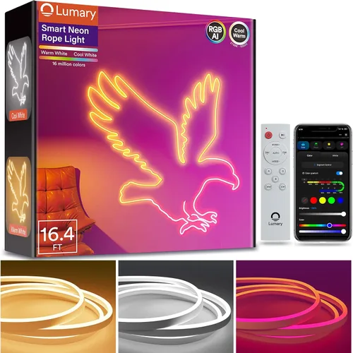 Miniatura 10 de Lumary Luz inteligente RGBAICW de neón para interiores, luces LED de 9.8 pies para dormitorio, funciona con Alexa/Google Assistant, 180 LEDs/m RGB