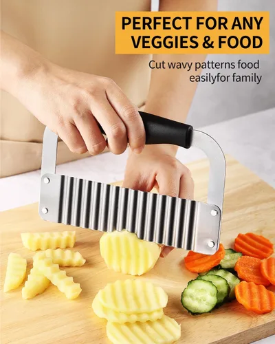 Miniatura 3 de Cortador Ondulado de Acero Inoxidable Cortador de Papas de Servicio Pesado Herramientas de Corte Ondulado y Picado con Mango de Madera