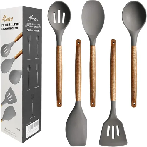 Juego de utensilios de cocina, juego de utensilios de cocina de silicona, espátula de silicona antiadherente con mango de madera dura de acacia Gris
