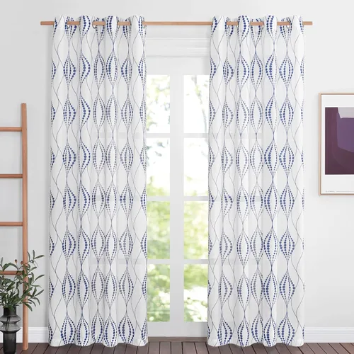 Miniatura 32 de NICETOWN Cortinas bohemias de lino transparente para sala de estar, cortinas semitransparentes de granja con patrón de rayas bohemias, cortinas Gris