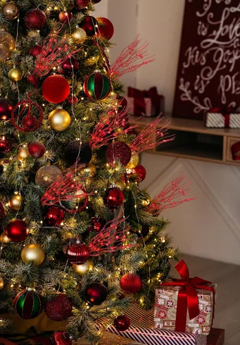 Miniatura 7 de Yen Jean 30 piezas de decoración de árbol de Navidad, tallos de bayas artificiales con purpurina roja, adornos de Navidad, florero, decoración