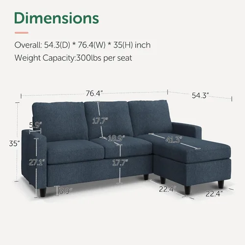 Miniatura 2 de HONBAY Sofá modular convertible, sofá en forma de L con diván reversible para espacio pequeño, color azul medio