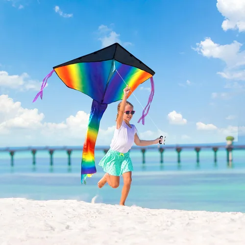 Miniatura 4 de Joyin 3 cometas Delta para adultos y niños, cometa multicolor fácil de volar con cuerda de 262.5 pies, juguetes grandes de playa para actividades