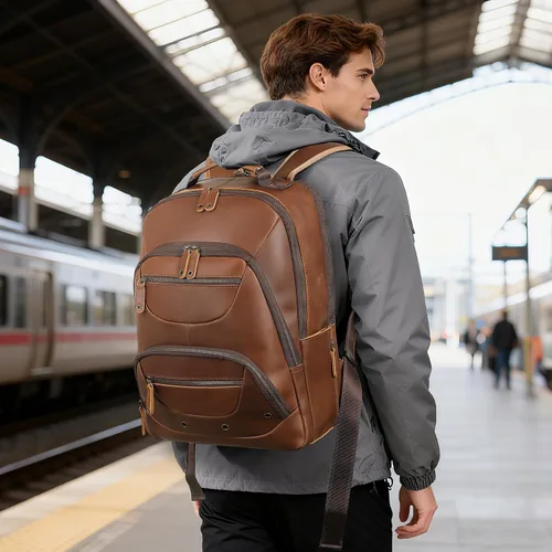 Miniatura 6 de TIDING Mochila de cuero para hombre para laptop de 16 pulgadas y 15.6 pulgadas, bolsa de trabajo vintage de viaje de negocios, mochila grande