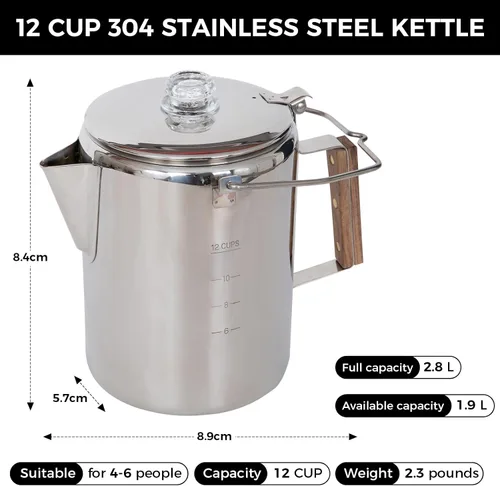 Miniatura 2 de KingCamp Percolator - Cafetera de acero inoxidable 304 con mango de madera para acampar al aire libre, cabina, caravana, cocina, caza y mochilero
