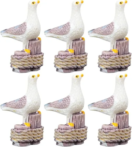 Amosfun Juego de 6 mini figuras de gaviota de resina para exteriores, decoración de gaviota costera de 1.57 pulgadas, esculturas pequeñas de aves