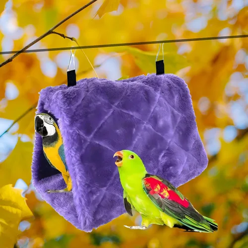 Miniatura 4 de Paquete de 2 casas de nido de pájaros cálidas, de felpa, colgante, para acurrucarse, cama colgante, hamaca para dormir, cabaña feliz para loro, Gris