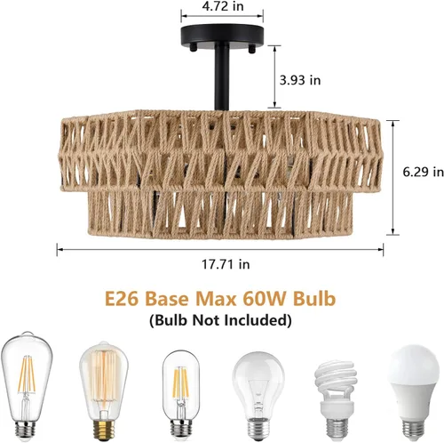 Miniatura 7 de XSDeTu Lámpara de techo semiempotrada de granja, 3 luces, estilo bohemio, lámpara de techo de cuerda de cáñamo tejida rústica, lámpara de techo