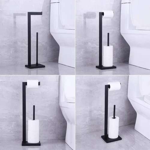 Miniatura 2 de Soporte para papel higiénico negro mate, soporte para rollo de papel higiénico con reserva de estante, organización portátil de almacenamiento