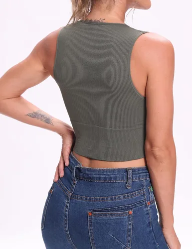 Miniatura 6 de Venbond - Ombliguera sexy sin mangas y costuras para mujeres, camiseta estriada sin mangas, escote profundo y cuello en V, con almohadillas
