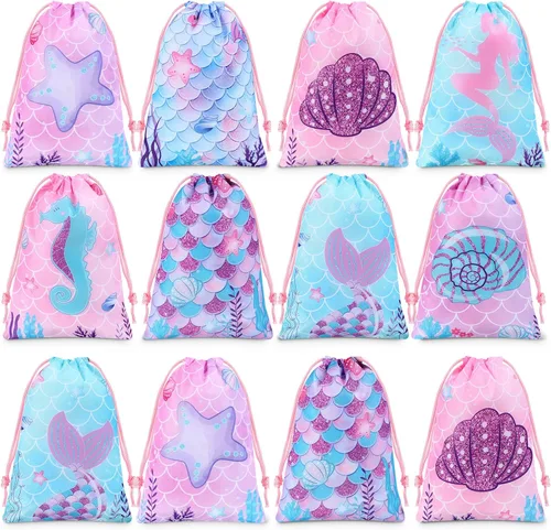 Clabby 12 mochilas con cordón de sirena a granel, bolsas de regalo de dulces, bolsas de regalo para fiestas de cumpleaños, escamas de pescado bajo