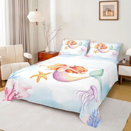 Miniatura 28 de Erosebridal Sábanas de sirena azul para niñas, juego de sábanas de unicornio lindo tamaño matrimonial, 4 piezas para niños, sábanas de arcoíris