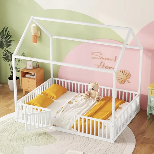 Miniatura 8 de Bellemave Cama de Piso Montessori Tamaño Twin, Marco de Cama Casa de Metal para Niños, Camas de Piso Montessori con Cerca, Blanco