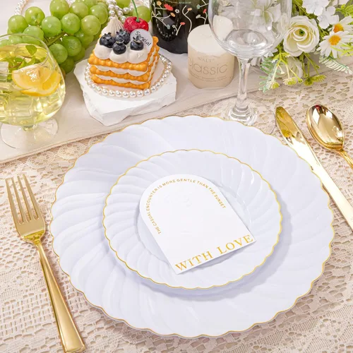 Miniatura 5 de YOUBET 125 platos de plástico blanco con borde dorado, platos dorados desechables con cubiertos dorados, incluyen 25 platos llanos, 25 platos