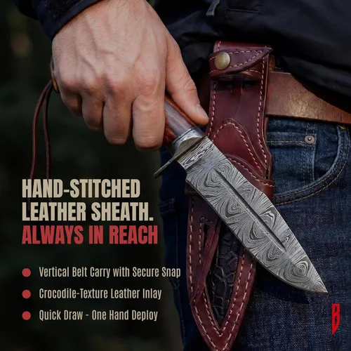Miniatura 6 de BIGCAT ROAR Beast Hunter - Cuchillo de caza de hoja fija de acero de Damasco hecho a mano de 10" - Mango de madera de nogal y funda de cuero
