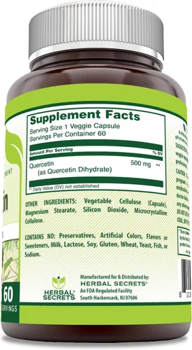Miniatura 2 de Herbal Secrets Suplemento de quercetina de 500 mg Sin OMG Sin gluten Fabricado en Estados Unidos (1 paquete, 60 unidades)