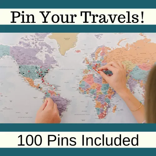 Miniatura 6 de 3 paneles – Lienzo personalizado Mapa de viaje del mundo ejecutivo con alfileres – Mapa de pared extra grande