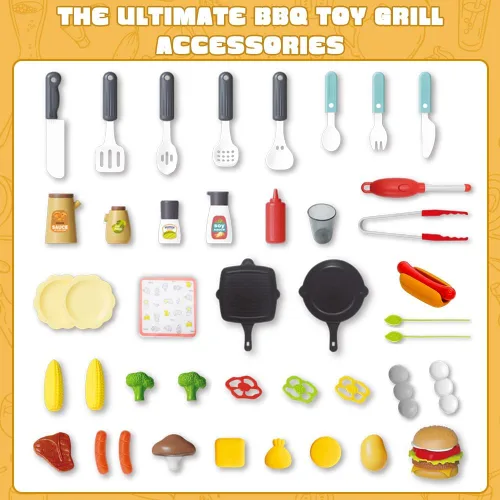 Miniatura 5 de Juego de Parrilla para Niños, Parrilla de Juguetes BBQ con Sonido de Humo, Luz y Rueda, Juguetes de Cocina de Simulación Movibles para Niños