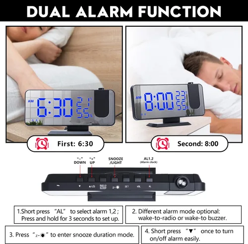 Miniatura 5 de ThreeH Reloj despertador de proyección Radio Digital Reloj despertador 4 atenuadores y 180° giratorio y 2 sonidos 7.4 '' Pantalla de espejo grande