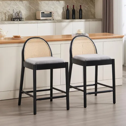 Miniatura 31 de HEAH-YO Taburetes de bar de ratán, juego de 2, taburetes de barra de 26 pulgadas de altura de mostrador con respaldos de ratán y patas de madera