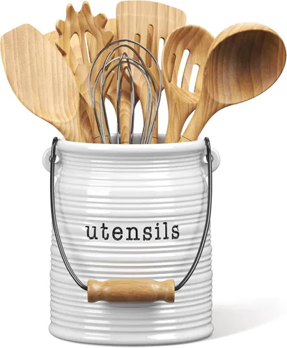 Barnyard Designs Soporte de cerámica para utensilios de cocina de granja para encimera, utensilio decorativo de cocina para encimera, soporte para