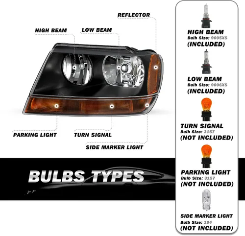 Miniatura 2 de SOCKIR Conjunto de faros delanteros compatible con Jeep Grand Cherokee 1999-2004 halógeno (carcasa negra, parte inferior ámbar, con bombillas)