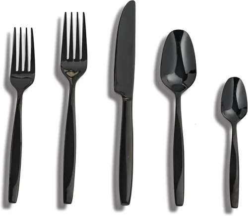 Juego de cubiertos negros de 20 piezas, cubiertos de acero inoxidable para 4, incluye cuchillo de carne, tenedor y cuchara, apto para lavavajillas,