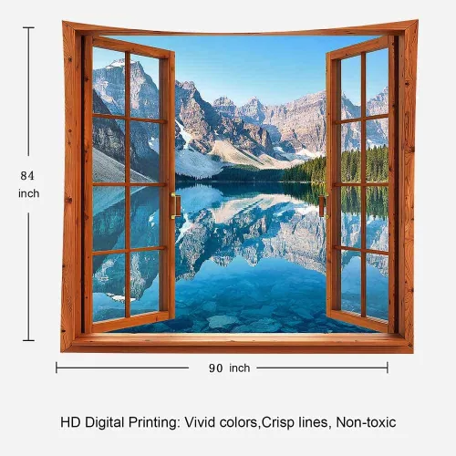 Miniatura 5 de Aidatain Tapiz de ventana de montaña, lago, bosque, escena, paisaje natural, para colgar en la pared, tapices grandes de franela de 84 x 90