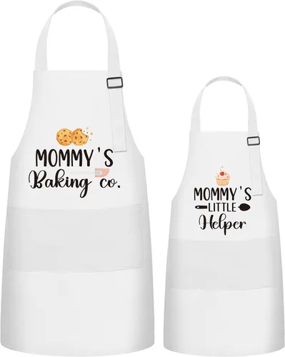 Juego de 2 delantales para niños y adultos, regalo para madre e hijo, diseño de ayudante para hornear de mamá blanca, delantales de cocina