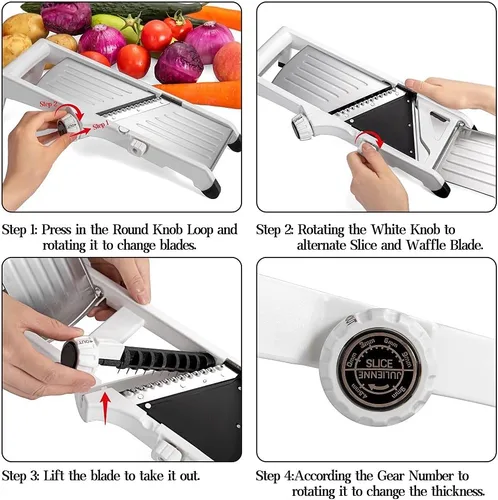 Miniatura 5 de VEKAYA Cortadora de mandolina para cocina, rebanadora de vegetales profesional de acero inoxidable con grosor ajustable, guantes de seguridad