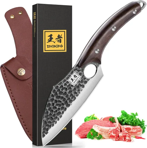 Miniatura 11 de ENOKING Cuchillo de carnicero de 5.7 pulgadas, cuchillo forjado a mano resistente para huesos con mango de madera, cuchillo de carnicero de espiga