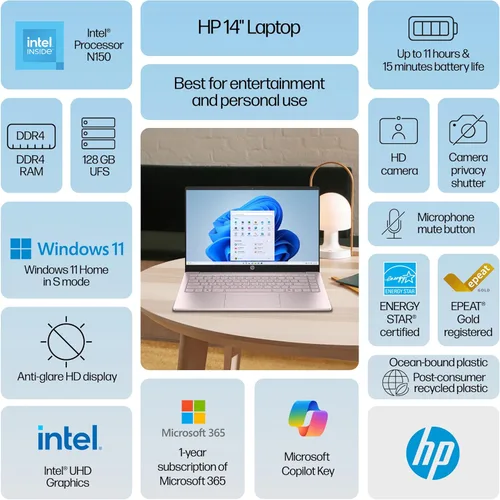 Miniatura 2 de HP Laptop Computer with 1-Year Office 365 for Student Daily Study & Home use, Intel N150, 8GB RAM, 256GB SSD+128GB UFS Storage, Long Battery Life &