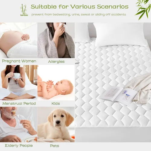 Miniatura 5 de GRT Protector de colchón Queen impermeable, rayón de bambú, almohadilla de colchón acolchada ajustable refrescante, cubierta de colchón impermeable