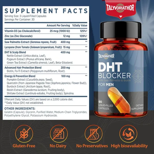 Miniatura 2 de DHT Bloqueador para hombres con palma enana americana y biotina, fórmula para el crecimiento del cabello en cápsulas llenas de líquido, suplementos