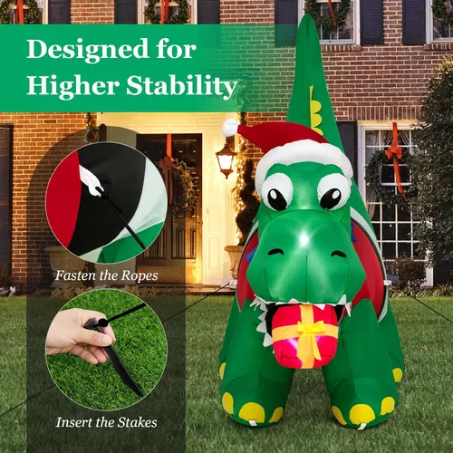Miniatura 7 de Tangkula Mordedura inflable de dinosaurio de Navidad iluminada de 6 pies, caja de regalo, decoración inflable de Navidad con luces LED y caja