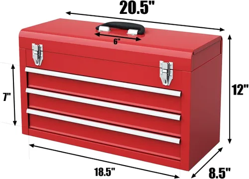 Miniatura 3 de S AFSTAR Caja de herramientas de 21 pulgadas, caja de herramientas portátil de acero de 3 cajones con bandeja de almacenamiento superior y asa